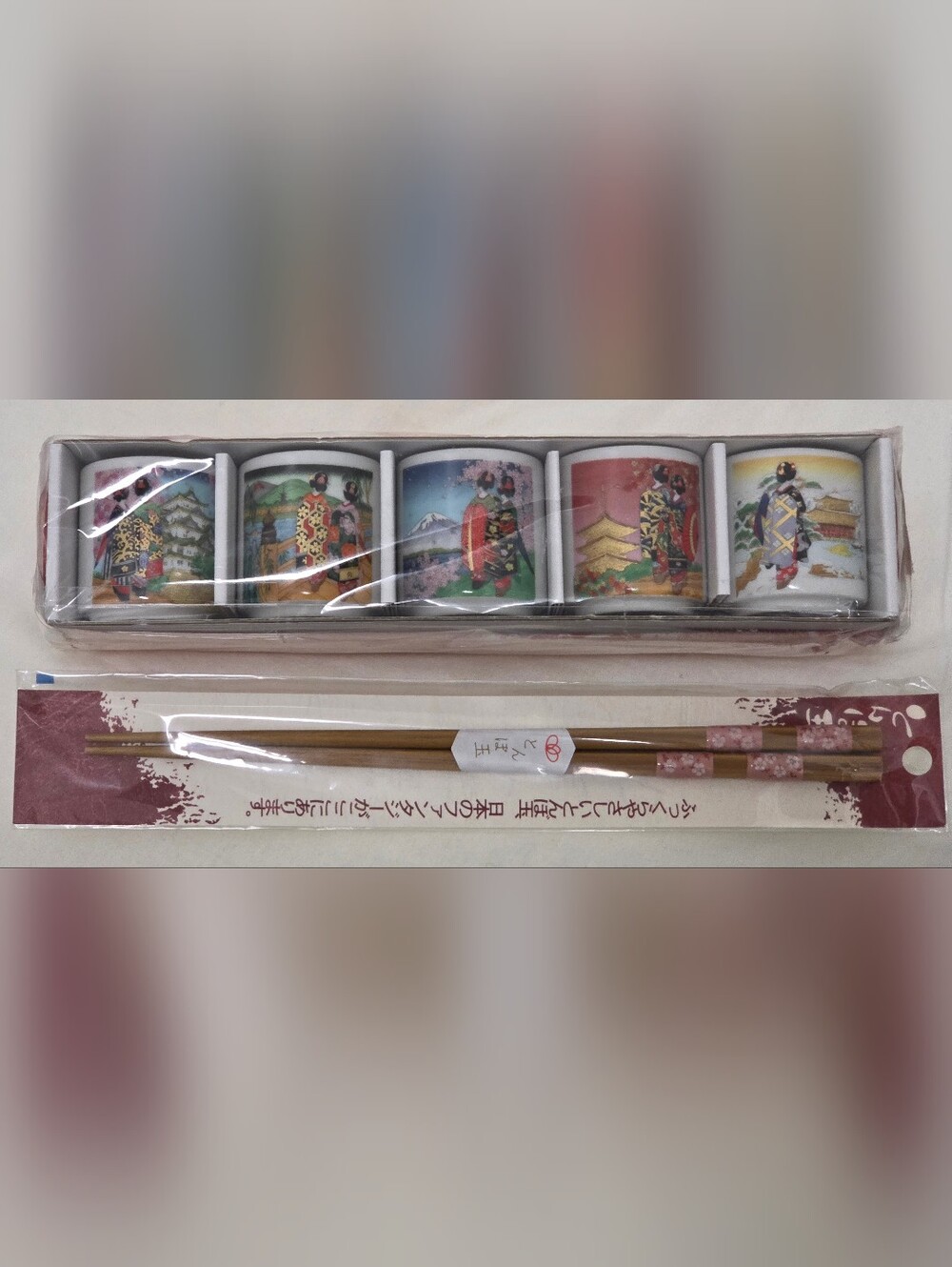 Porcelain Tea Cup Set with Chopsticks - Multicolor Traditional Designs